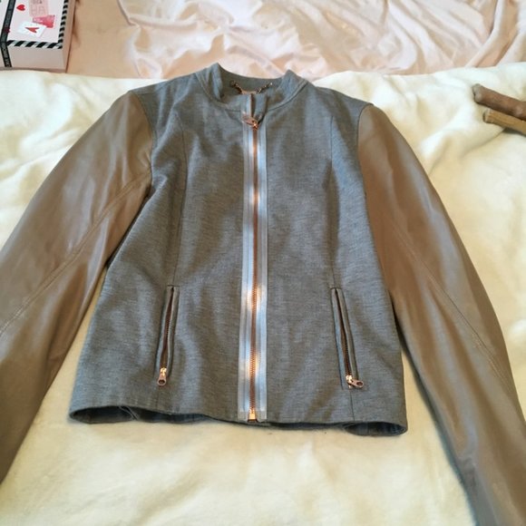 Ted Baker Beyty Grey blazer jacket zip up with tan brown leather sleeves size 1 - Picture 2 of 16